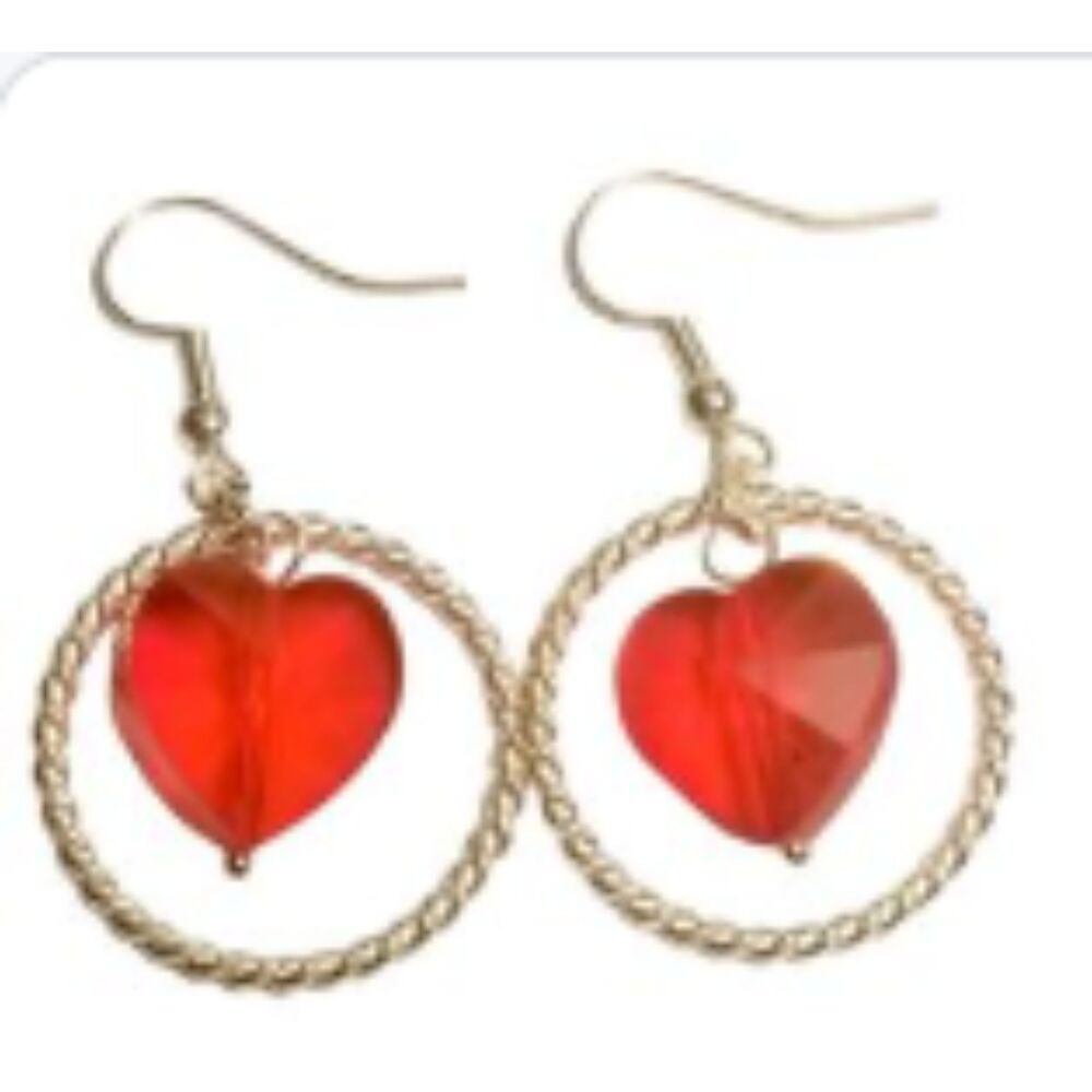 Red Jeweled Silver Roped 1" Dangle Handmade Valentine's Style Earrings Women's